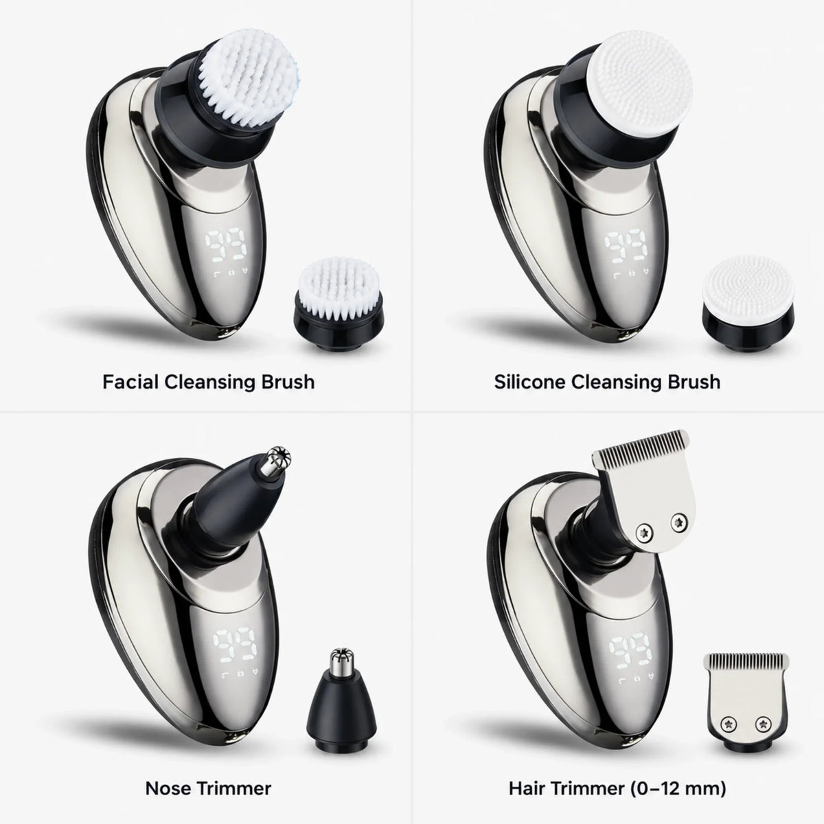 VAVAME electric shaver fitted with four attachments for different facial and body grooming needs