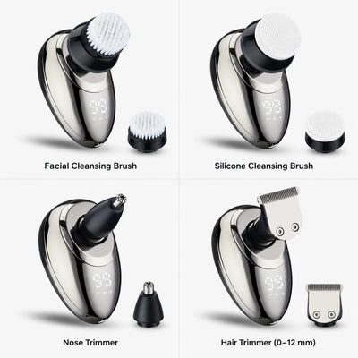 VAVAME electric shaver fitted with four attachments for different facial and body grooming needs