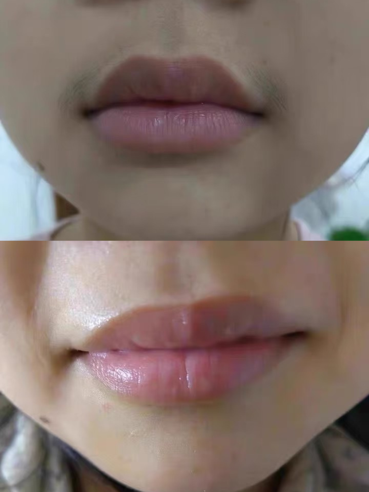A close-up before-and-after style comparison of a person's lips. The top image shows lips with a matte, slightly dusty pink or mauve tint.